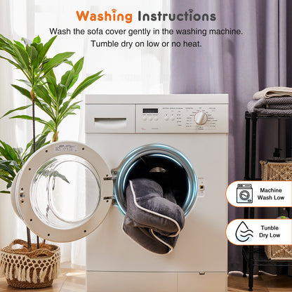 Washing instructions for a washable dog bed with removable cover in a laundry room setting