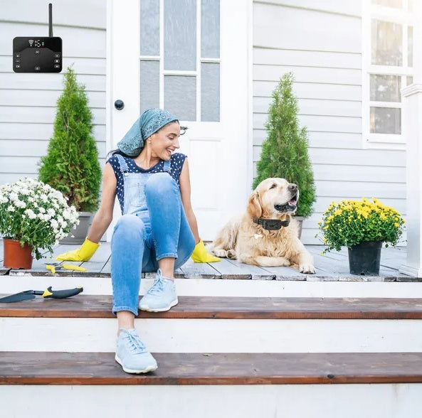Wireless electric dog fence system with a happy dog and owner in a garden setting
