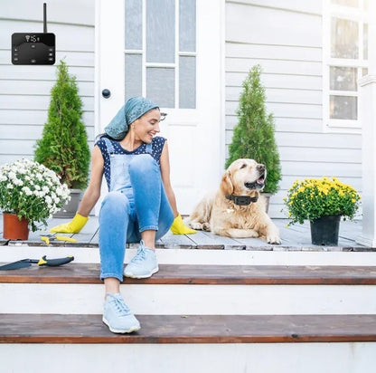 Wireless electric dog fence system with a happy dog and owner in a garden setting