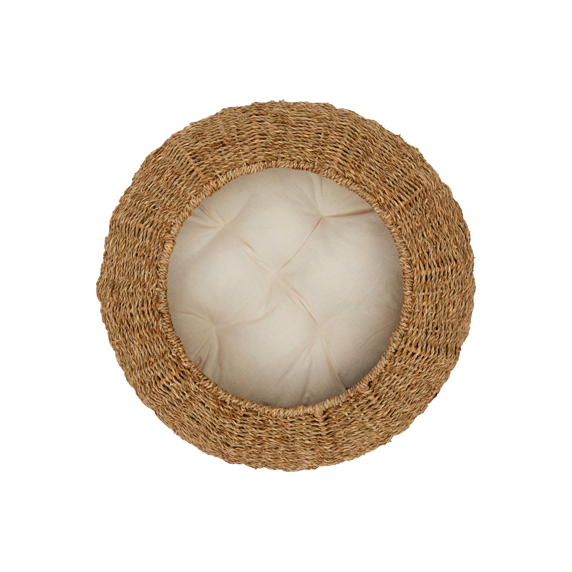 Ochre Menoetius woven pet bed for cats and dogs with round natural fiber design and cushioned interior