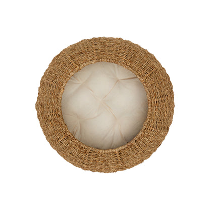 Ochre Menoetius woven pet bed for cats and dogs with round natural fiber design and cushioned interior