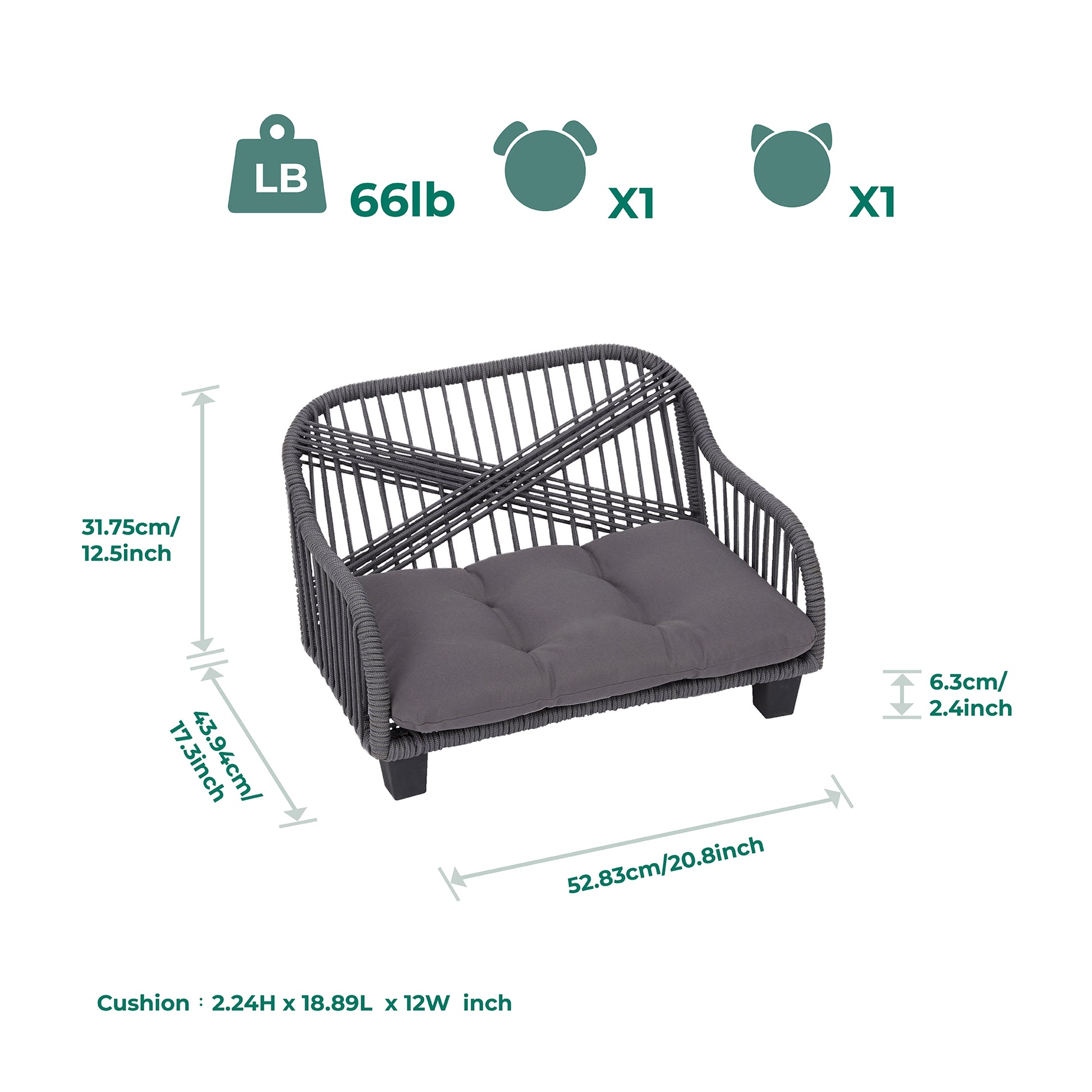 Ochre Menoetius woven rope pet bed in gray with cushioned seating and sturdy frame