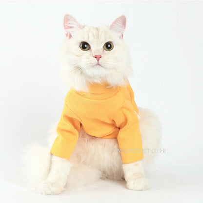 White fluffy cat wearing a yellow turtleneck cat sweater sitting against white background