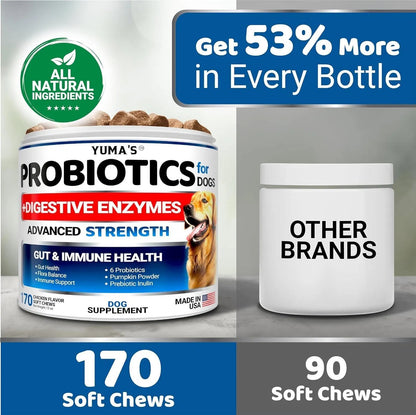 Orange Poppy probiotics for dogs 170 soft chews jar with digestive enzymes and 53 percent more than other brands