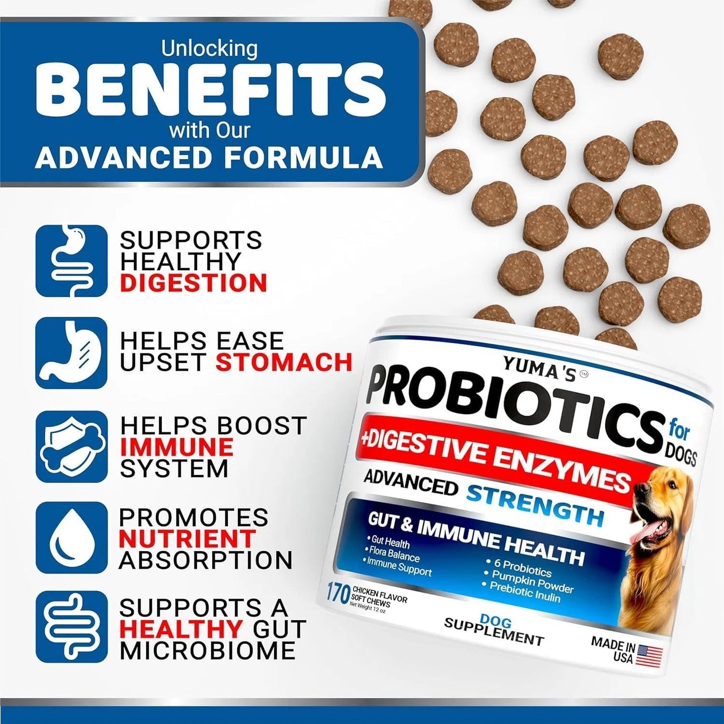 Orange Poppy probiotics for dogs jar with scattered kibble highlighting digestive enzymes and gut health benefits